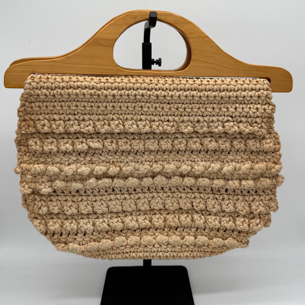 Vintage 70s Handmade Crochet Popcorn Stitch Wood Handle Bag Boho 9x13